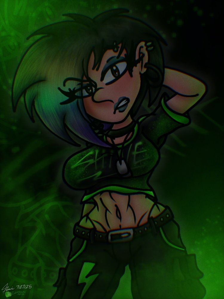 a drawing of Neon surrounded by green lights. the background is themed after her with the word "Shine" and the white outline of Neon being barely seen in the background.