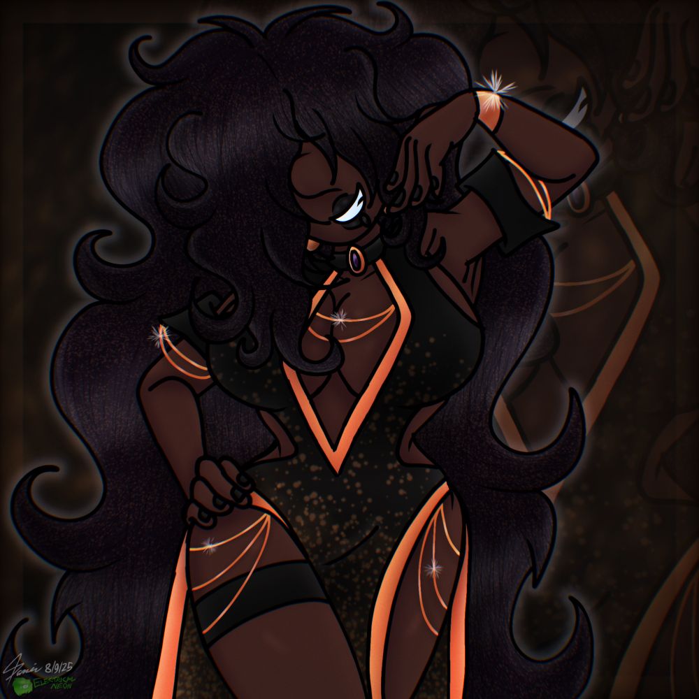 a drawing of Persephone in a glamorous pose with the background themed after her outfit and with her being barely seen in the background.