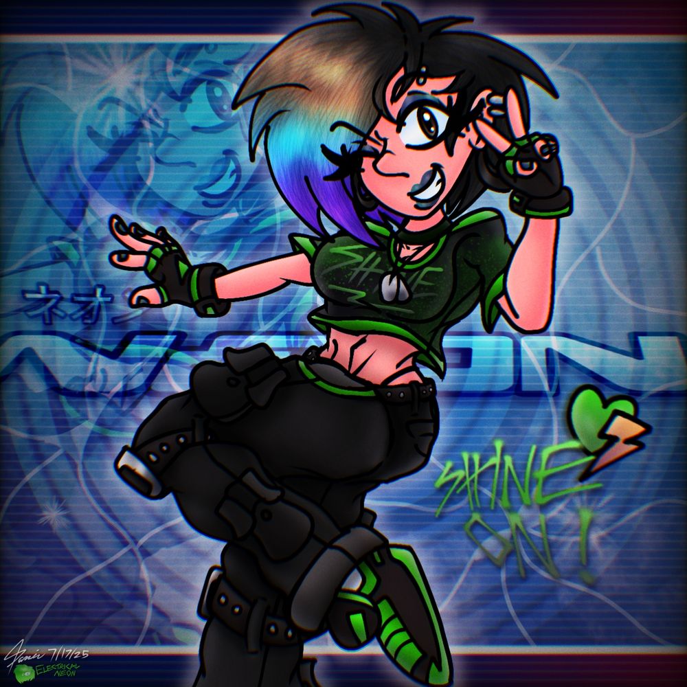 a drawing of Neon striking a pose. the background is somewhat themed after the title of Sonic Adventure DX with text of Neon in both english and japanese barely seen in the background. Neon can also be barely seen in the background.

There is a heart and a lightning bolt on the right, with writing at the bottom that reads "Shine On!"