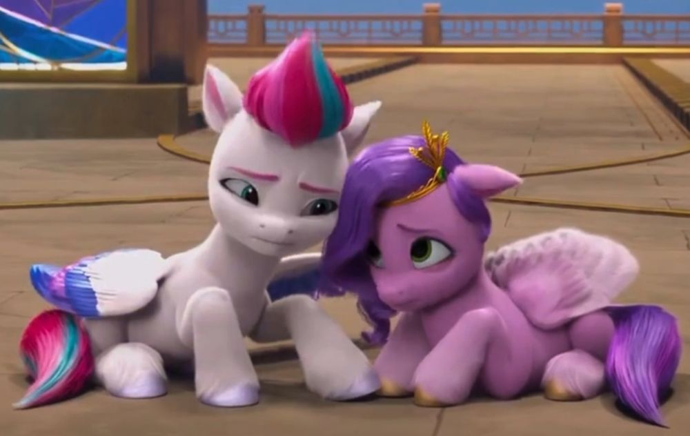 A screenshot from My Little Pony: Make Your Mark Chapter Six of the royal sisters, Zipp and Pipp looking sad. Zipp is gently comforting her younger sister Pipp.
