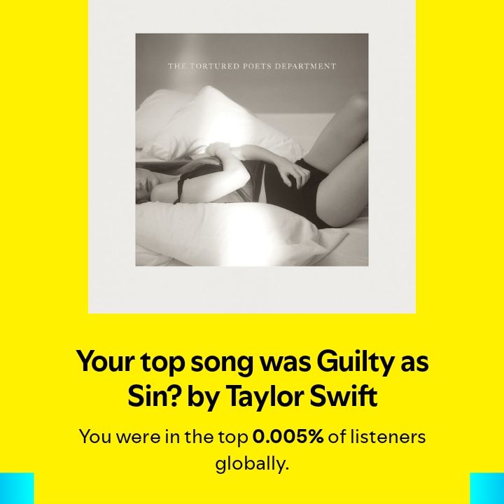 screenshot from spotify wrapped saying that my "top song was Guilty as Sin? by Taylor Swift" and that i'm in the "top 0.005% of listeners globally."