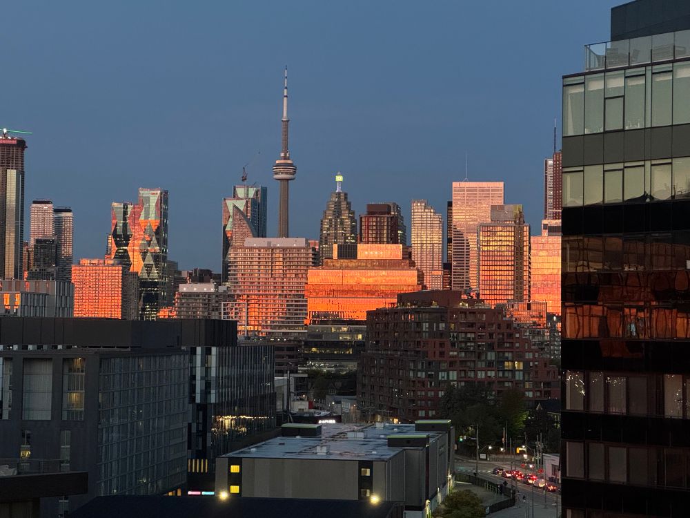 Sun reflects off the city buildings 