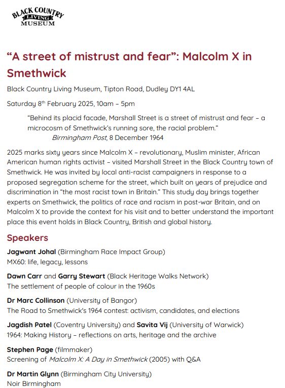 Conference programme for an event on 8th February marking Malcolm X's visit to the West Midlands.