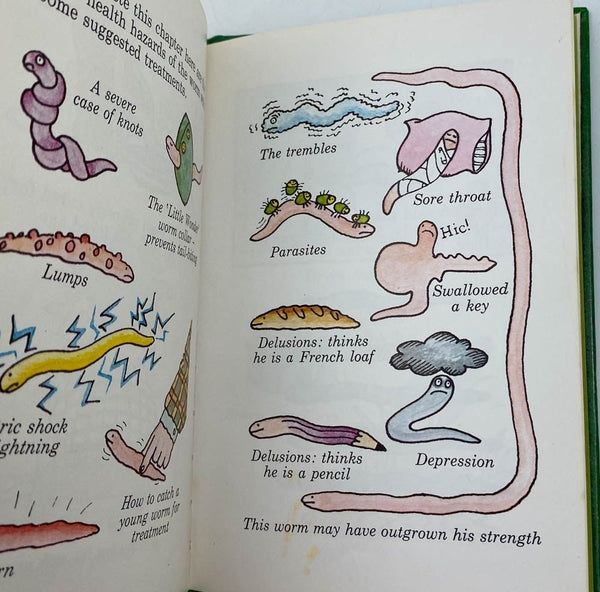 Page of illustrations from The Worm Book by Janet and Allan Ahlberg, showing various worm illnesses such as The Trembles and Depression