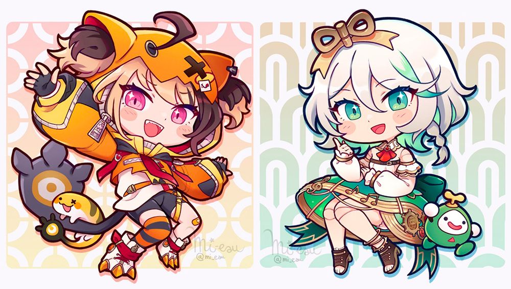 Chibi art of the two hololive members, Gigi Murin and Cecilia Immergreen.
They are sitting while smiling, facing each others. On their sides we can see a Grem and an Otomo.