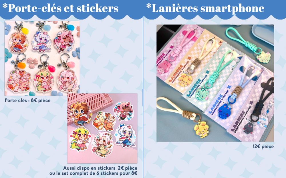 Catalogue part 2: showing cute claws (original characters) keychains and stickers as well as cute smartphone lanyards.