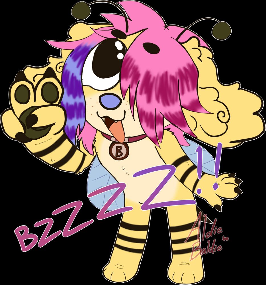 this drawing features an anthropomorphic cocker spaniel, who is also a bumblebee. he has teased pink hair with darker pink stripes, with one section being blue and purple instead. he has been drawn in a foreshortening pose from the top down, and he is making a peace sign.

there's stylized captioning written over the image, an onomatopoeia word mimicking the buzzing sound bees make.