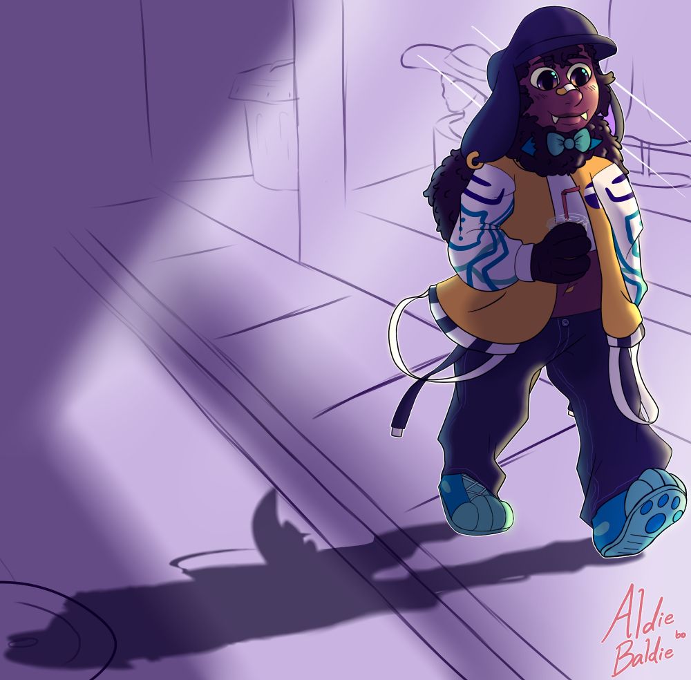 a drawing of a kemono holding a cup of frozen coke. he is black, and he has paw hands instead of human hands. he has long kinky hair. there are two white fangs protruding from his mouth, and the sclera of his eyes have a yellow tint. he is wearing baggy dark jeans, a white crop top, and a yellow jacket with white sleeves. the sleeves have blue and teal designs on them, similar to patterns you see on microchips. he has a hat on with floppy ears, golden earrings attached to the hat's ears, and teal sneakers shaped like paws. there's paw prints on the bottom of his shoes.

this character is walking down a sidewalk at night, past an open clothing shop that illuminates his path.