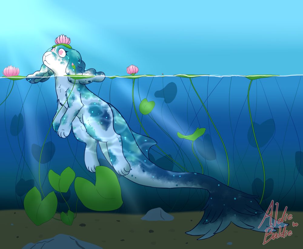 this drawing features a canine-like creature with a fish tail. they have a white pelt with splotches fading from light teal to a darker blue. on the animal's head sits a lilypad with a lotus flower blooming on top. everything but their head and most of their floppy ears is submerged in the water of a pond, and they're surrounded by other lotus plants, either with leaves floating at the surface, or climbing toward the surface. there is bright sunlight shining down from the top left of the image, its bright rays shining through the water before fading away.