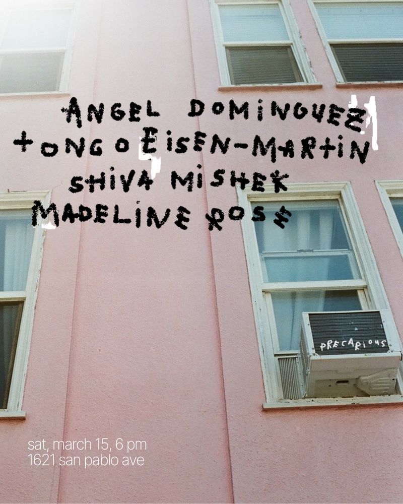 precarious event poster listing names, date, and address over a photo of a pink building