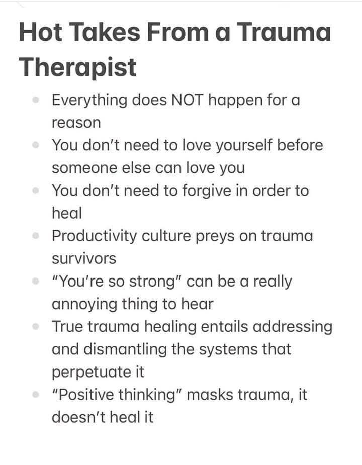 Alt text: Image titled "Hot Takes From a Trauma Therapist" lists insights challenging common beliefs, such as the impact of productivity culture and "positive thinking" on trauma.