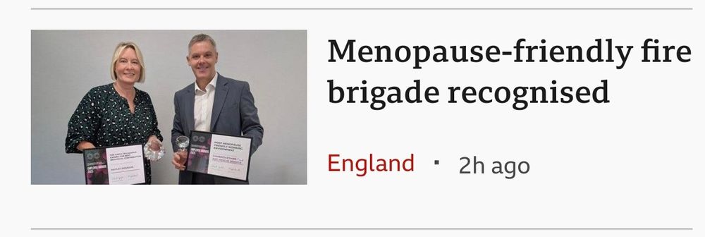 News article that reads "menopause friendly fire brigade recognised"