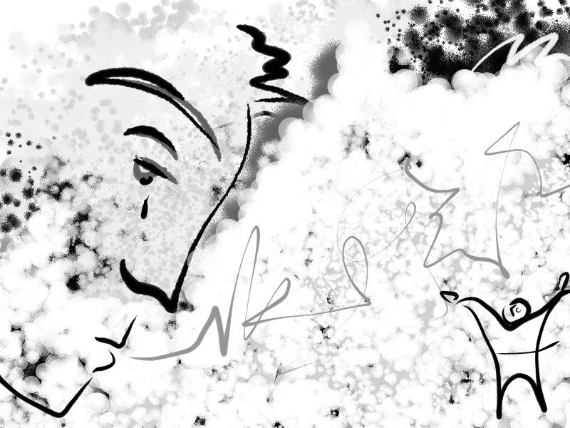 Black & white line drawing of a face in profile with a single tear. Lines coming out of the mouth looking almost like words, but not words. In the distance a figure stands with their arms outstretched, shoulders hunched.

Artwork by Cicely Robin Laing