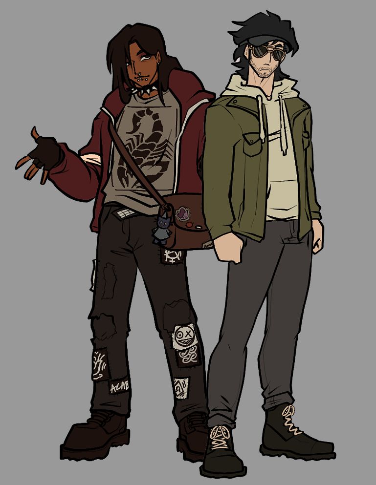 Two drawn characters standing next to each other, the left has long brown hair, darker skin, a red jacket, punk style pants and bag and piercings. The right is pale, with facial hair, wearing aviator glasses and a visor with black medium length hair, a green hoodie and jacket with plain pants