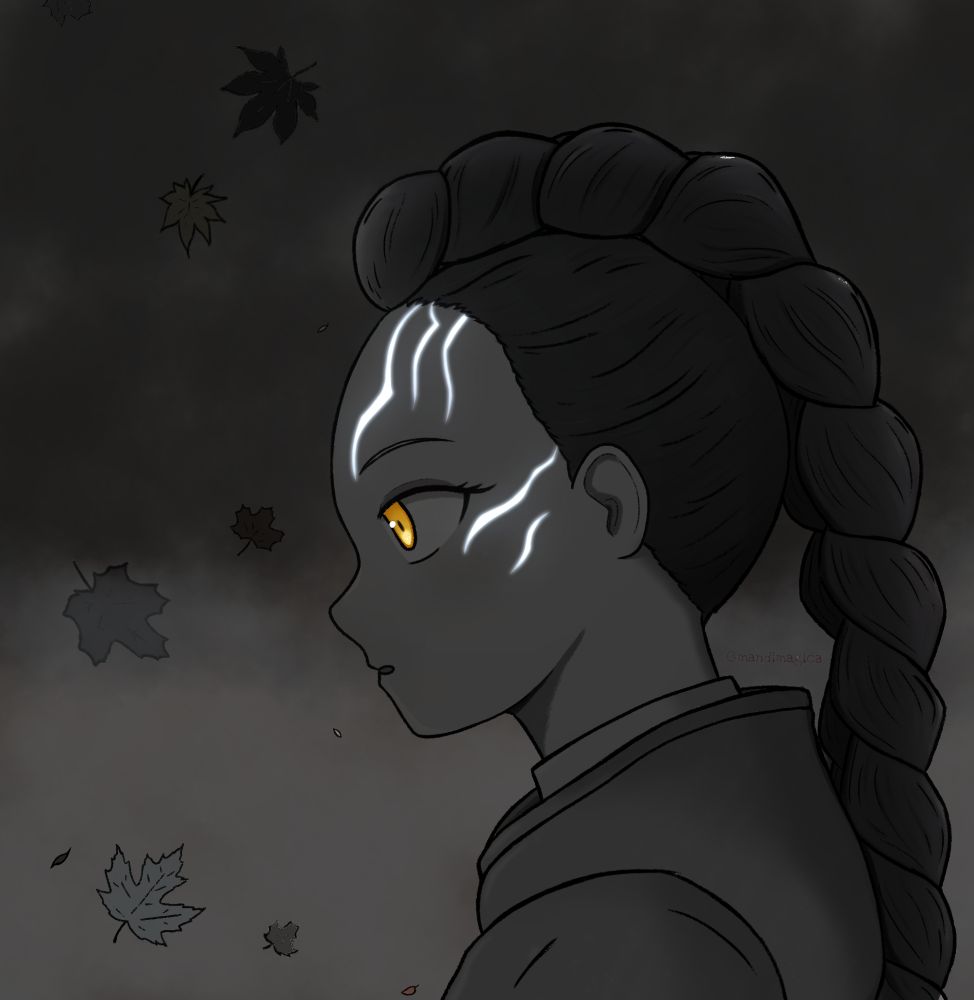 Rumi from K Pop Demon Hunters in the dark, autumn wind as her stripes start to glow.