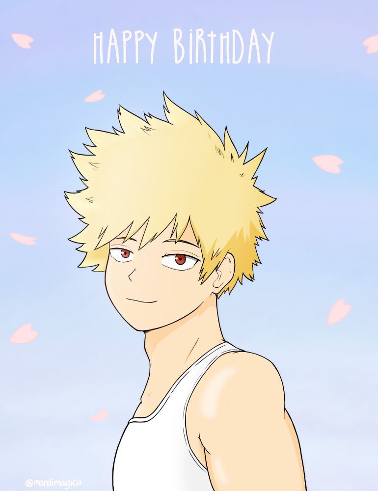 Katsuki Bakugo smiling with a serene background of cherry blossom petals falling.