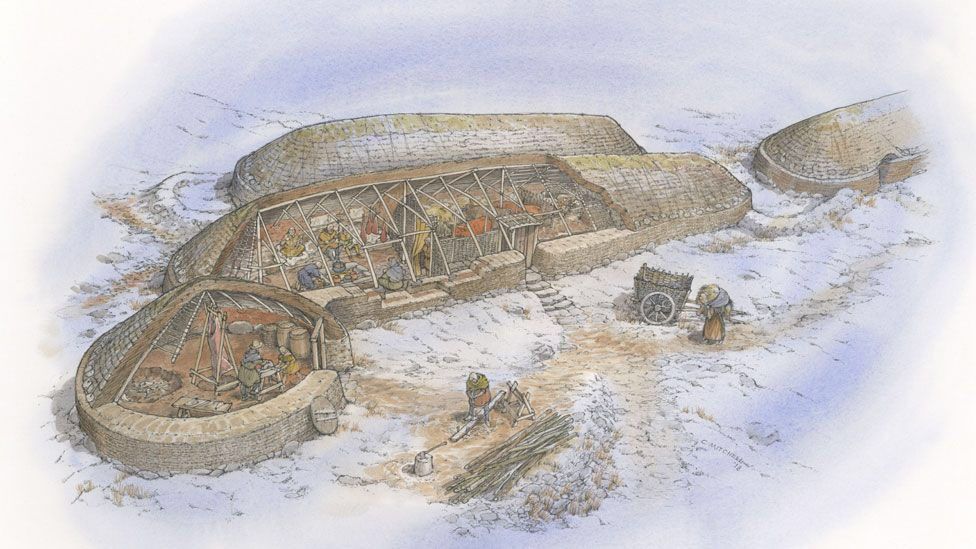 Illustration shows a cutaway of one of the longhouses and adjacent circular building, with inhabitants carrying out chores inside. 