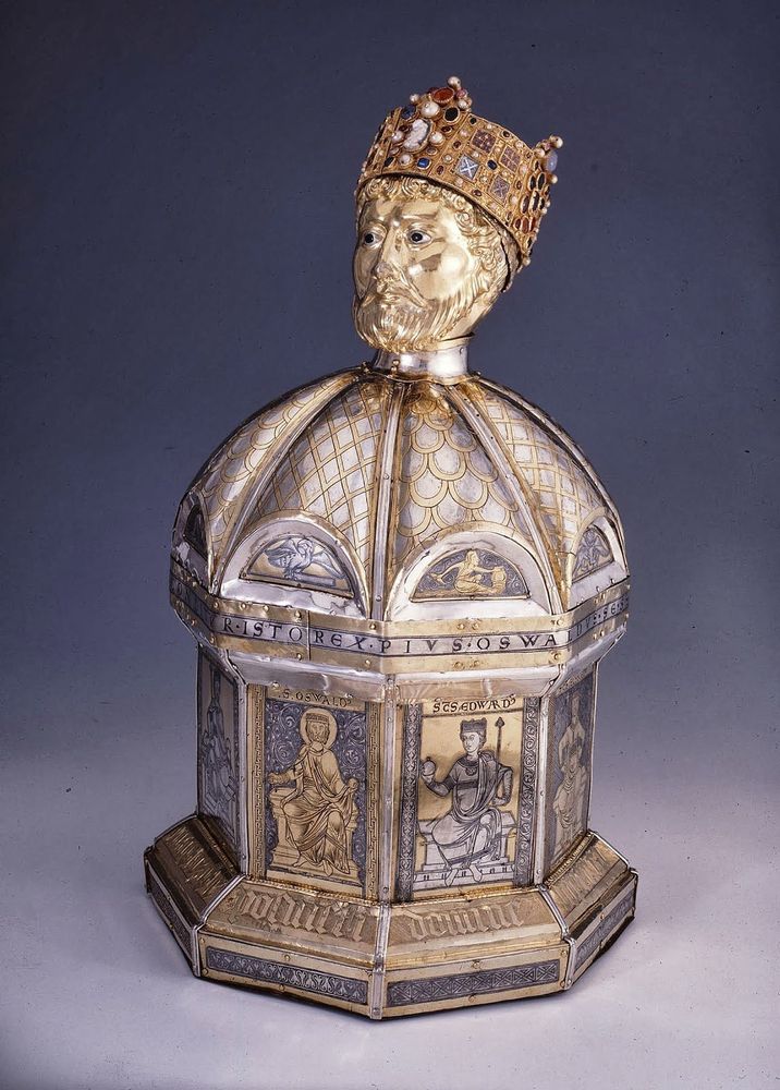 The octagonal reliquary which is topped by a bust of Oswald wearing a diadem.