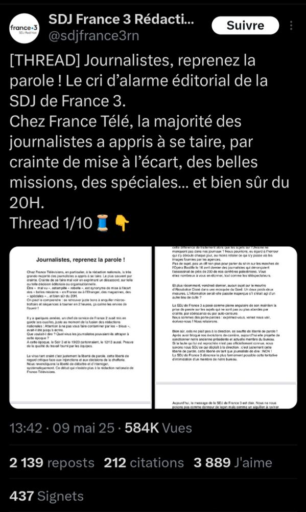 Tweet de la SDJ de France 3 dénonçant la mise au ban des journalistes osant défier la direction 