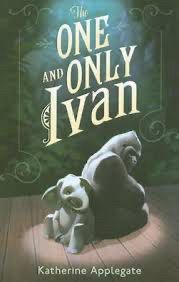 The cover of ‘The One and Only Ivan’ by Katherine Applegate. The illustrated characters of a silverback gorilla and a baby elephant sit back to back on a wooden stage with a jungle backdrop behind them. 