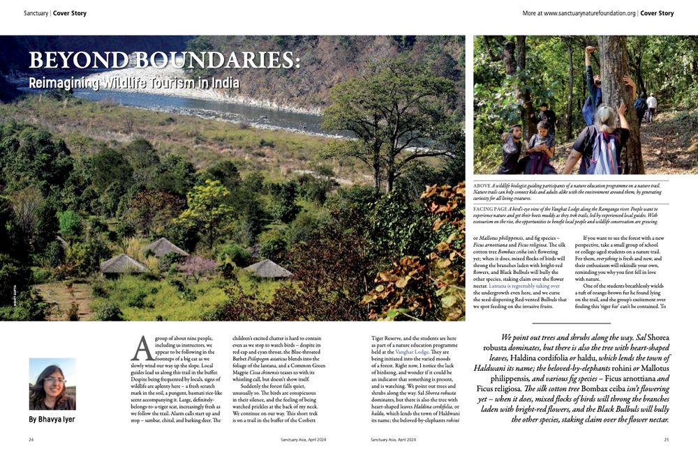 The first two pages of an article titled "Beyond Boundaries: Reimagining Wildlife Tourism in India" by Bhavya Iyer in the April 2024 issue of Sanctuary Asia magazine.