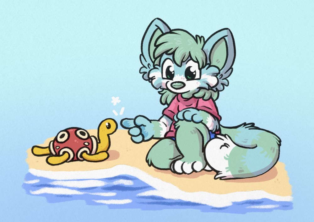 Winter the red panda kneeling down and booping a happy Pokémon shuckle on a tiny island