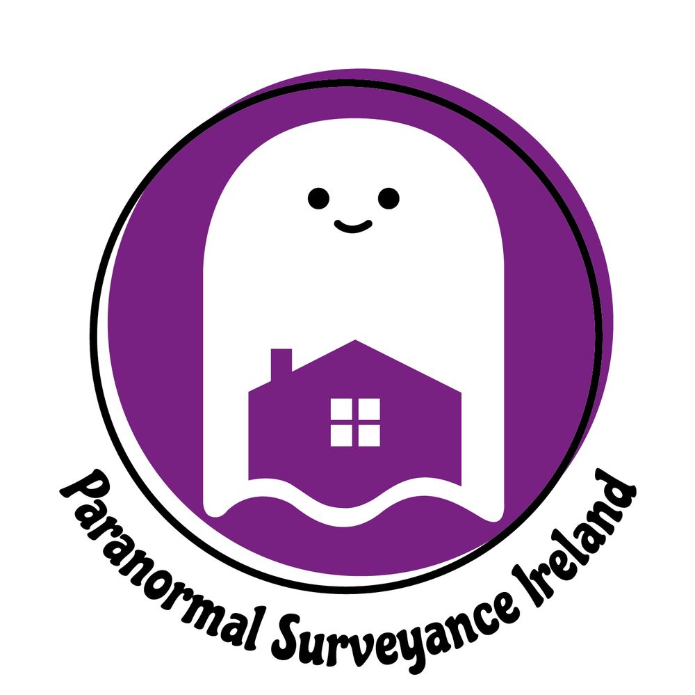 A logo for a business. The background is a purple circle. There’s an adorable white ghost smiling in the centre, and within the ghost is the purple outline of a house. The words ‘Paranormal Surveyance Ireland’ are underneath. 