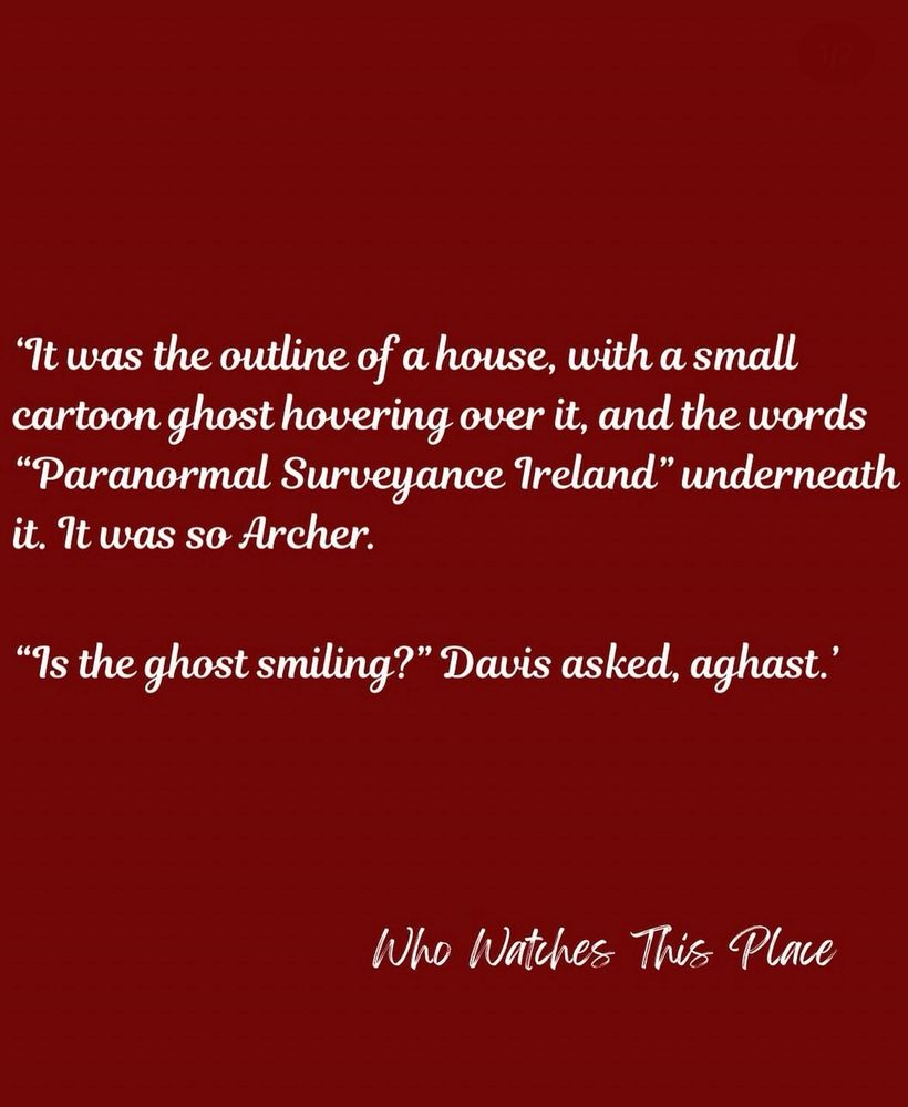 ‘It was the outline of a house, with a small cartoon ghost hovering over it, and the words “Paranormal Surveyance Ireland” underneath it. It was so Archer. 
“Is the ghost smiling?’ Davis asked, aghast.’ 