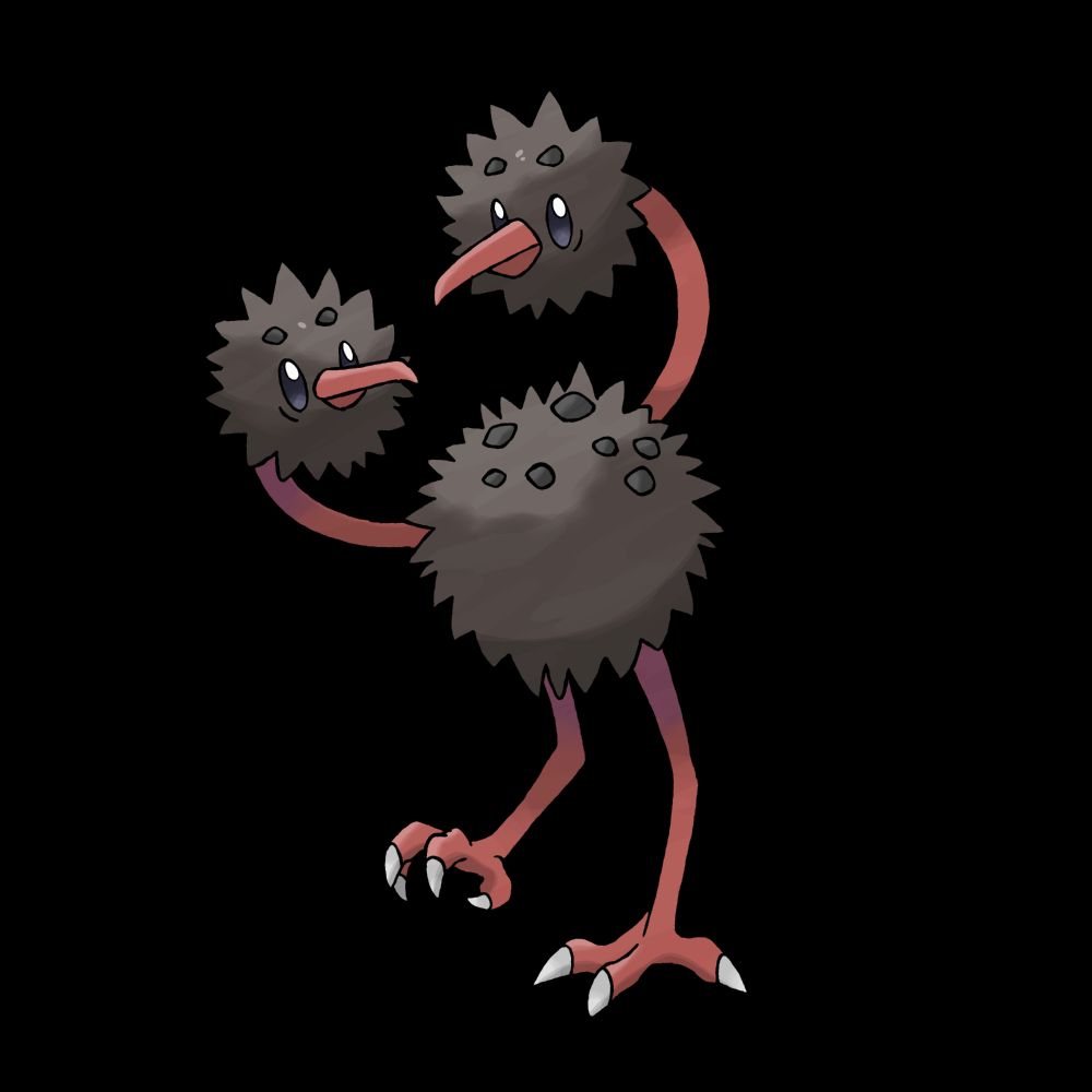 A regional variant of the Pokémon doduo. It has dark brown fur speckled with dirt clods, and light red beaks, necks, and legs.