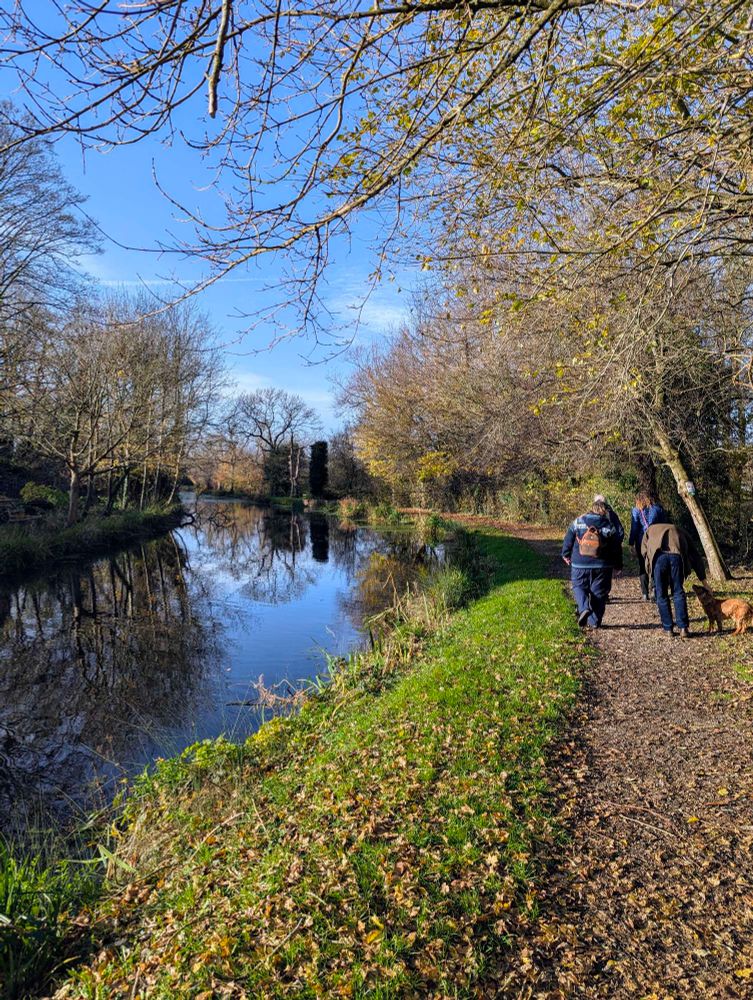 A group of people walking along a canal towpath. The trees are almost leafless and the towpath and bank are covered in leaves. 