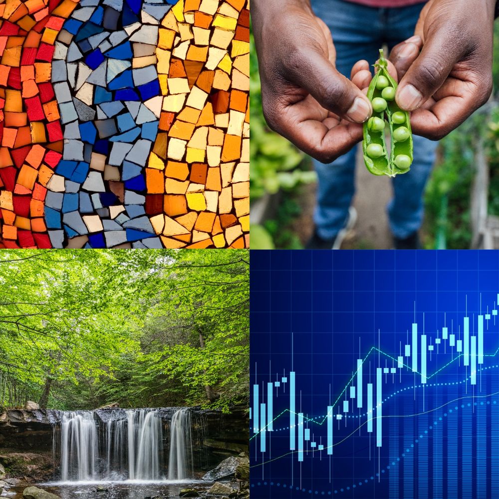 colorful mosaic, hands opening a pea pod, waterfall in lush forest and blue data graph