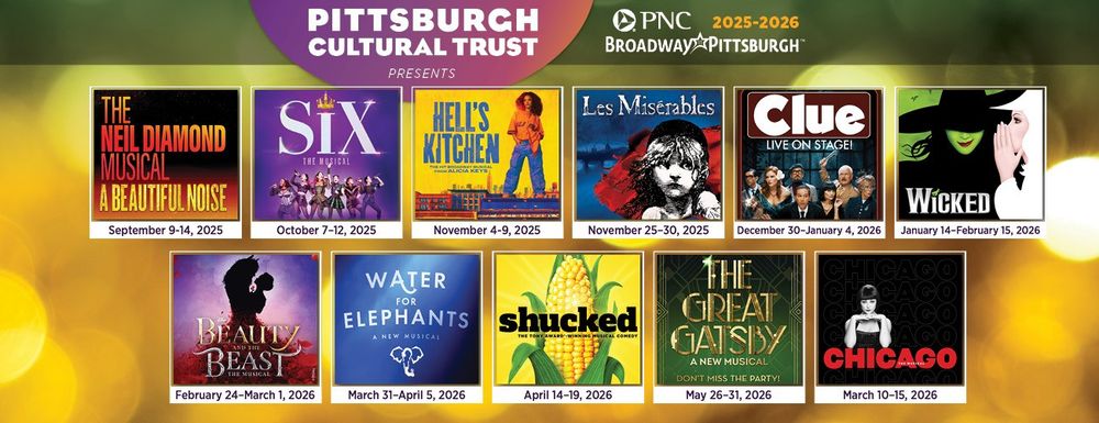 Graphic with 11 Broadway musical posters including The Neil Diamond Musical: A Beautiful Noise; Six the Musical; Hell's Kitchen; Les Miserables; Clue: Live on Stage; Wicked; Beauty and the Beast; Water for Elephants: A New Musical; Shucked; The Great Gatsby: A New Musical; and Chicago. 