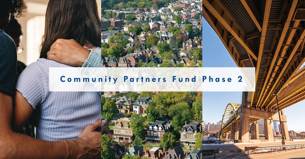 Text reads Community Partners Fund Phase Two over three images including a view from behind of people with their arms around each other, an aerial view of Pittsburgh houses, and a yellow bridge from underneath