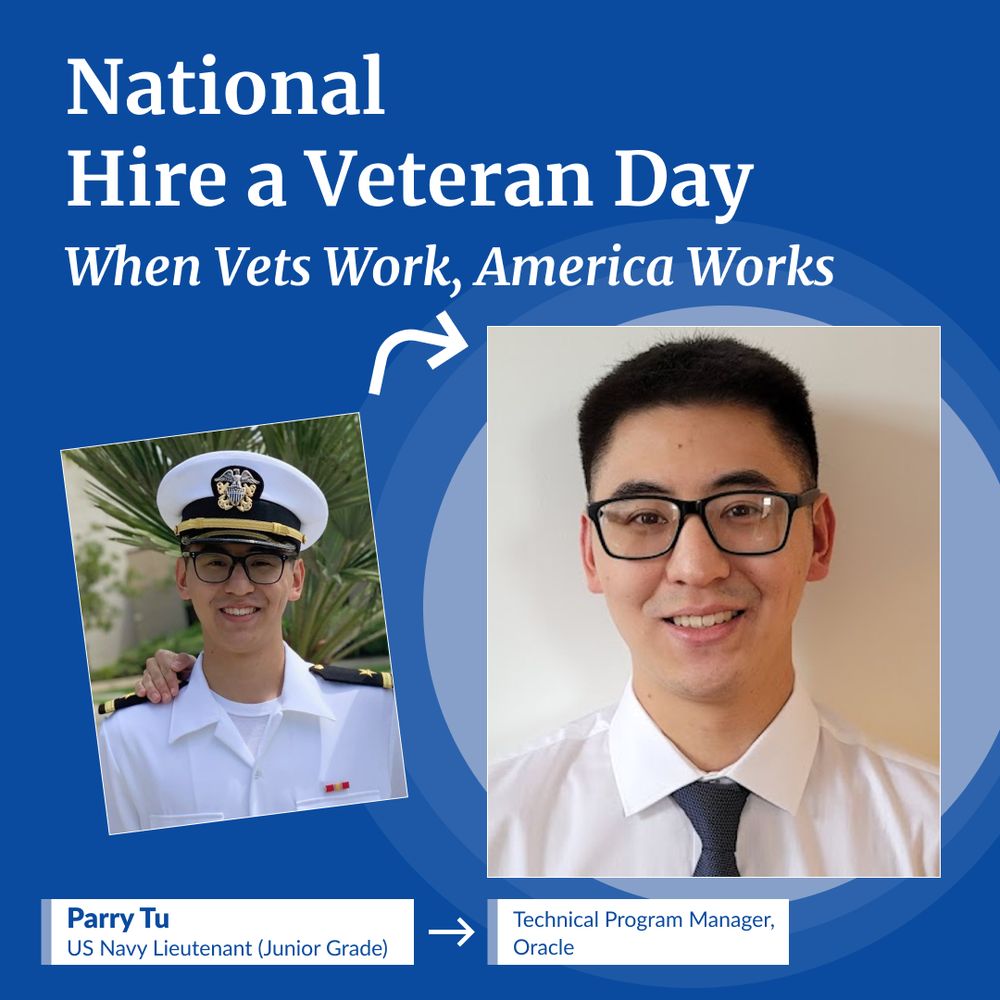 graphic for National Hire a Veteran Day. When vets work, America works. Two photos. One an older photo of a US Navy Lieutenant and a present day photo of the same person wearing a tie and working as a technical program manager for Oracle