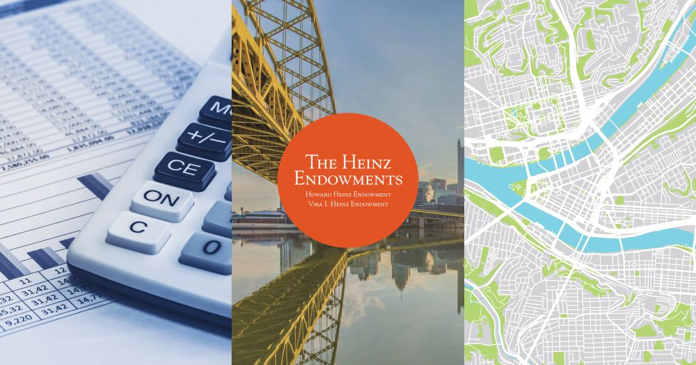 Three images including paperwork and a calculator, a yellow bridge over a calm river, a pittsburgh map and The Heinz Endowments logo in the cetner