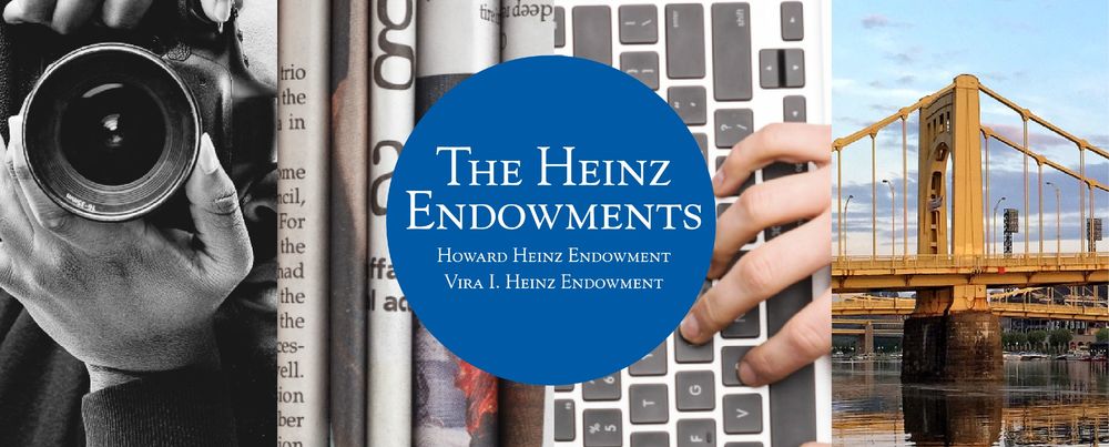 Four images including a camera, newspapers, laptop keyboard, yellow bridge, with a blue circle The Heinz Endowments logo in the middle