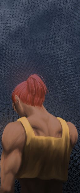 A muscular woman with red hair and a yellow tanktop covers her face with her hand. She's facing away from us and being lit dramatically from above.