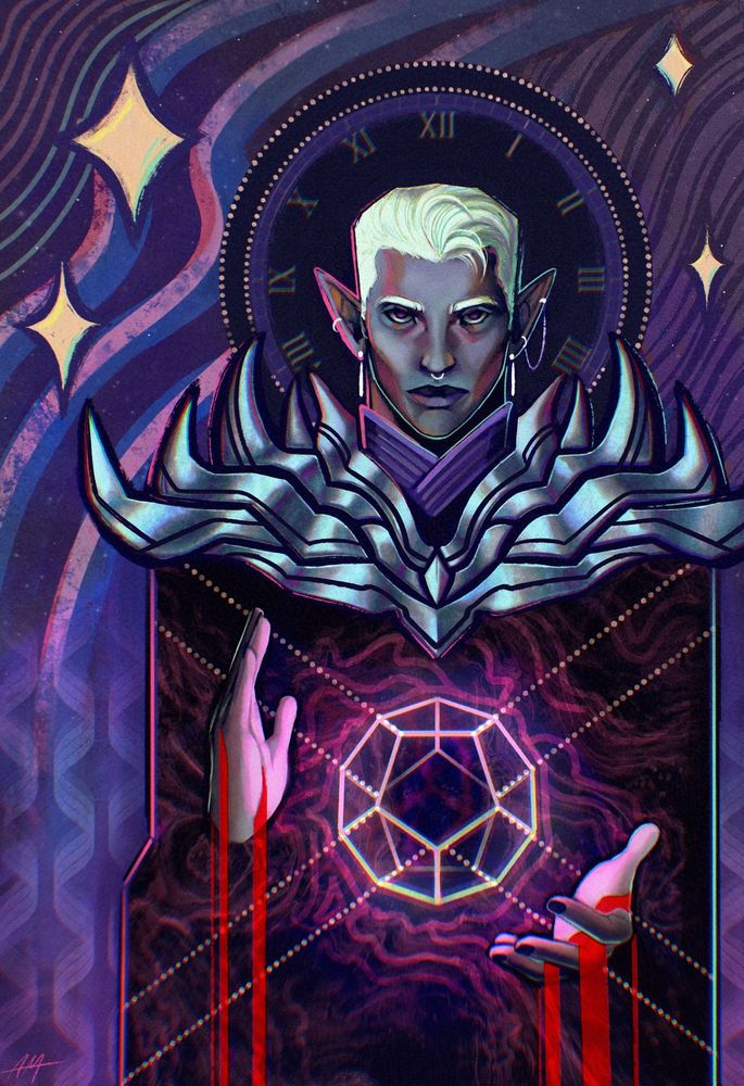 An illustrative painting of Essek Thelyss from Critical Role. He is facing forward with a serious expression, with a halo of a clock face and stars around him. His palms are facing a glowing dodecahedron shape with stylized blood running off his hands.