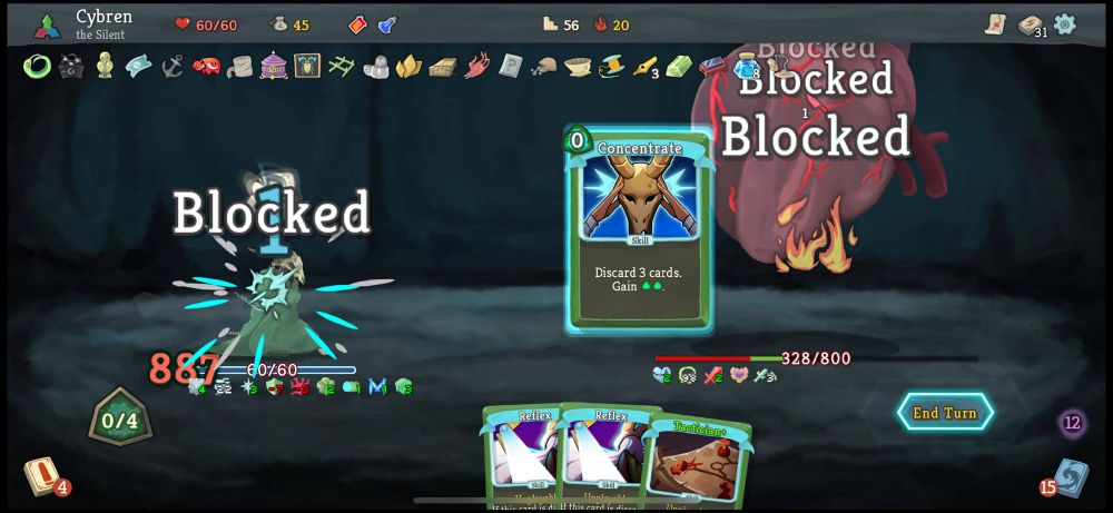 Slay the spire screenshot in which a silent deck has gone off with discard synergies to generate 887 block, 22 stacks of buffer, and a hundred poison, with gameplay in the middle of resolving a concentrate discarding two reflex and a tactician+. It’s very silly. 