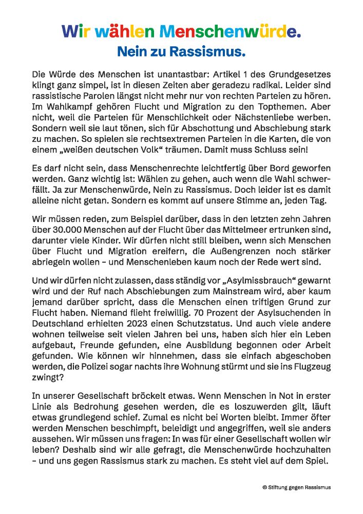 Das Bild enthält den Text des Aufrufs "Wir wählen Menschenwürde! Nein zu Rassismus!"