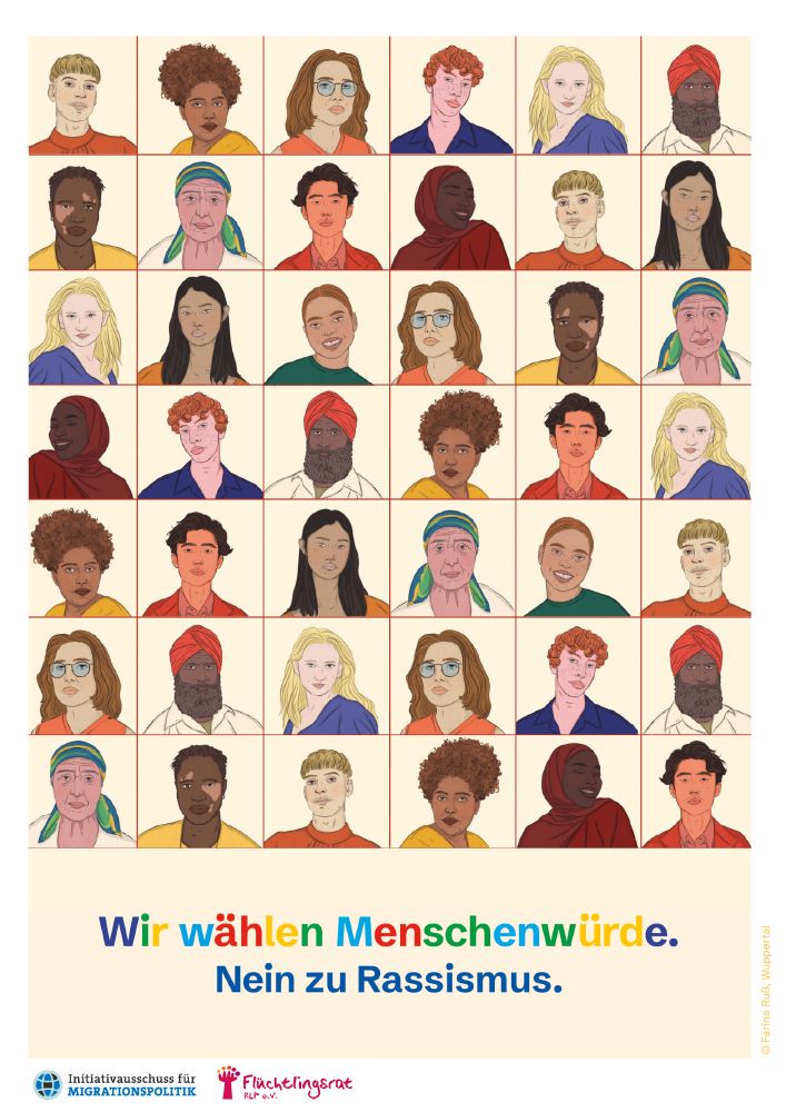 Auf dem titel finden sich 42 gezeichnete Köpfe, die die Vielfalt in der deutschen Migrationsgesellschaft abbilden sollen. Unter den Zeichnungen seht der Titel des Aufrufs. Er lautet: "Wir wählen Menschenwürde! Nein zu Rassismus!"     