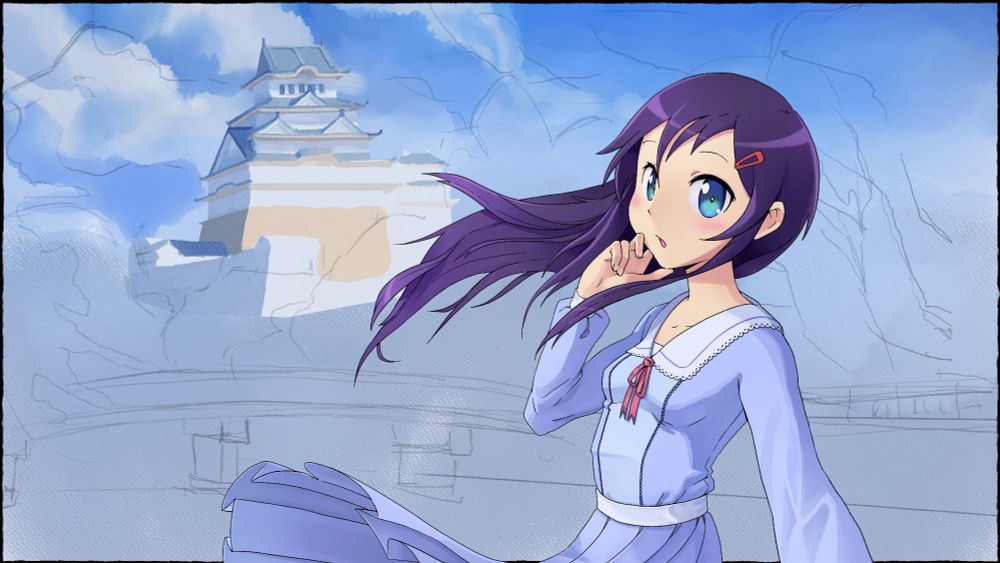 A purple haired anime-styled girl wearing a blue dress is standing in front of Himeji castle. Her hair and dress are windswept. Part of the illustration remains as a messy sketch.