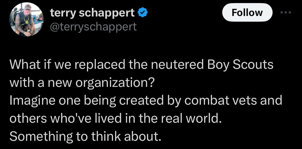 Terry Schappert tweet (or X?) discussing wanting an organization similar to the H*tler youth to fill the role of the Boy Scouts