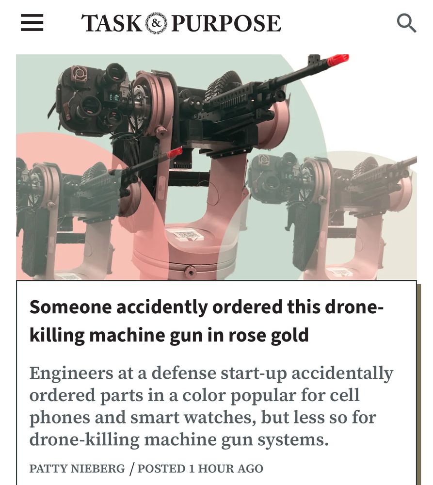 Screenshot of Task & Purpose homepage with an article headline that reads “Someone accidently [sic] ordered this drone-killing machine gun in rose gold.”