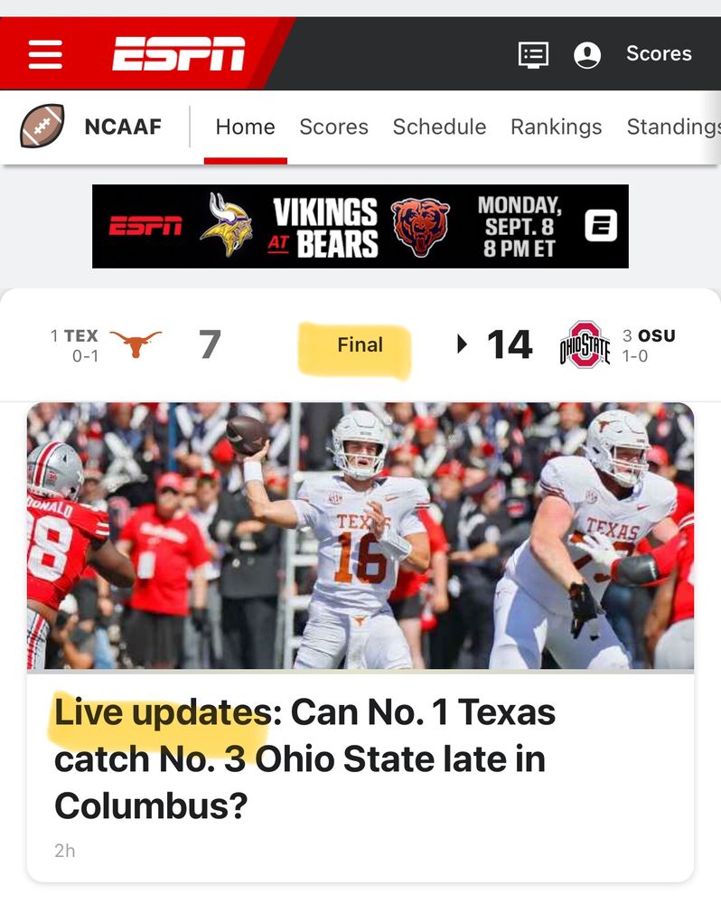 Screenshot of espn dot com showing final score of Ohio State-Texas game 14-7 and a headline that reads “Live updates: Can No. 1 Texas catch No. 3 Ohio State late in Columbus?” with the words “final” and “live updates” highlighted to point out the absurdity