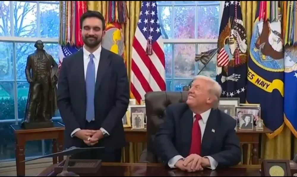 Trump grinning and most likely popping wood looking at Mamdani 