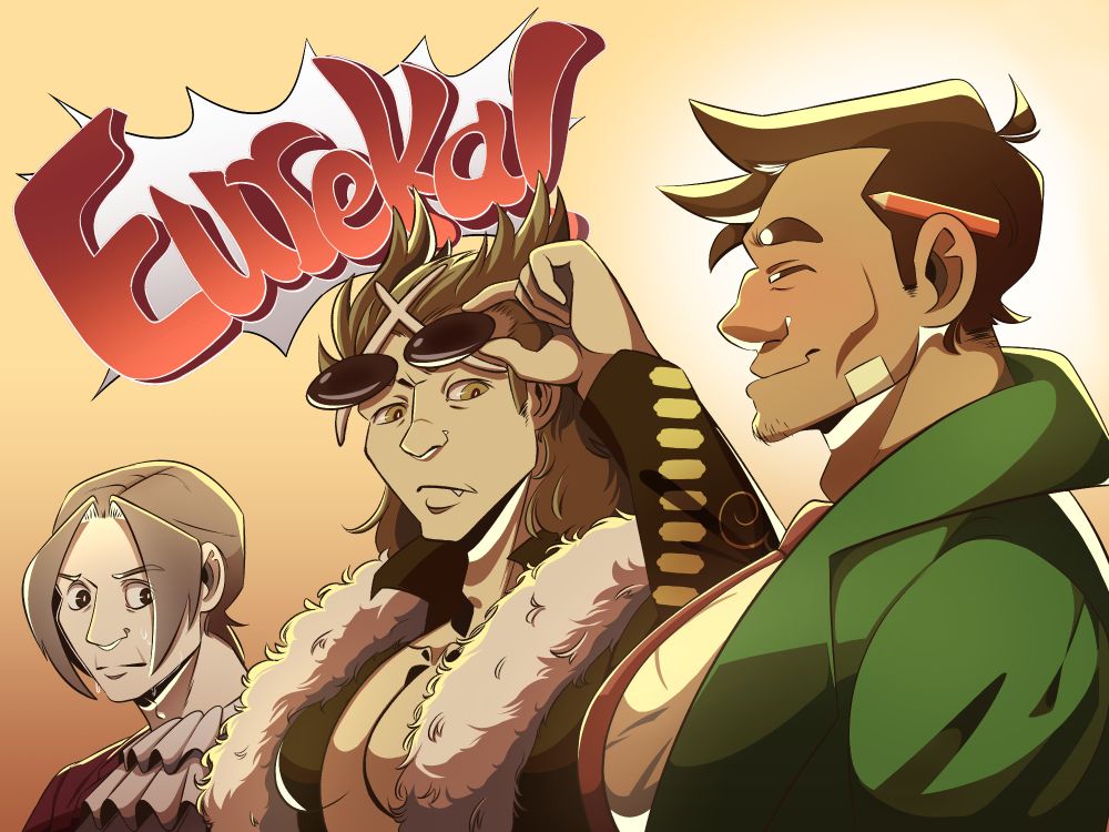 A meme recreation of the "woman staring at man's chest meme" with Miles Edgeworth, Agent Lang, and Dick Gumshoe from Ace Attorney.

Miles Edgeworth is staring at Agent Lang's and Dick Gumshoe's chest. Both of them are standing to his left while Edgeworth is sweating nervously. Next to Edgeworth is Agent Lang with his shades pulled up and is also staring at Gumshoe's chest who's standing to Lang's left. Gumshoe is oblivious to both of them staring and smiling like a goofball with an innocent glow around him. In the background above Agent Lang and Edgeworth's head is the text  "EUREKA!" styled in the text from the games.