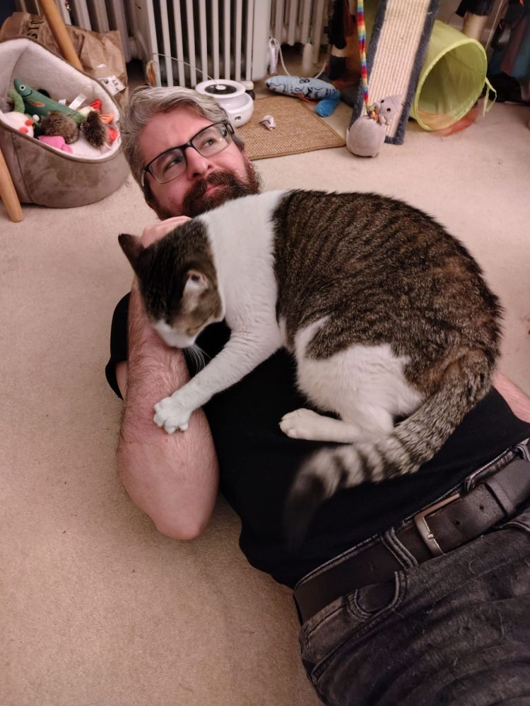 Me (whitw, man, grey hair, beard, glasses) on floor with Alia (domestic short haired tabby cat) on top of me attacking my arm
In background are her many toys 