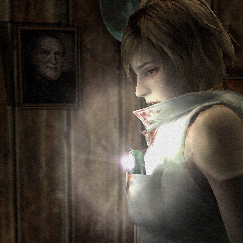 Screenshot of Silent Hill 3. Heather in a wooden confession booth, with a old picture on wall of a man that looks like actor Colm Meaney