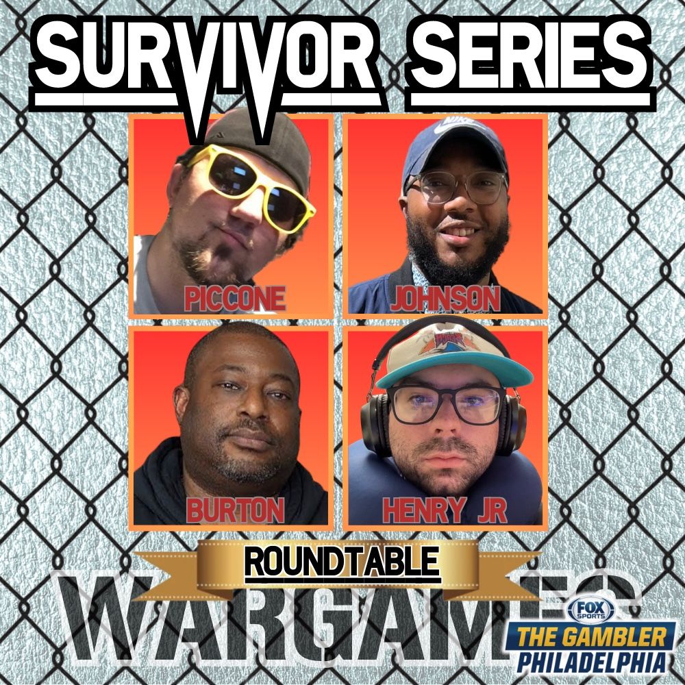 Old school Survivor Series boxes with the faces of Nick Piccone top left, Vaughn Johnson top right, Roy Burton bottom left, Mark Henry Jr bottom right as a steel black fence is in the background with a light gray background. Survivor Series text at the top, War Games text at the bottom a little transparent with the old school ribbon slightly covering the top of the text with “ROUNDTABLE” written on it. Fox Sports The Gambler’s logo in the bottom right. 